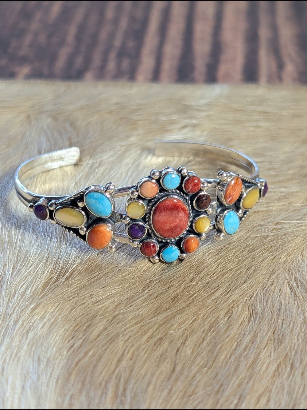 Multicolor Stone Cluster Sterling Silver Statement Handcuff Bracelet